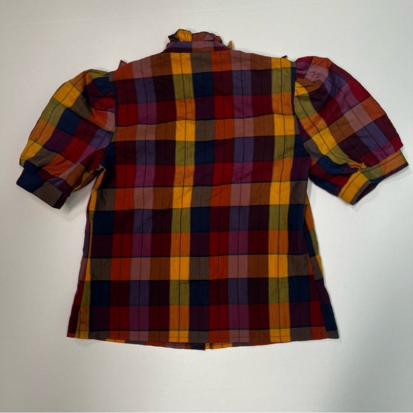 Vintage 70s Plaid Puff Sleeve Ruffle Bib Button down by Hocus Pocus - Picture 4 of 5